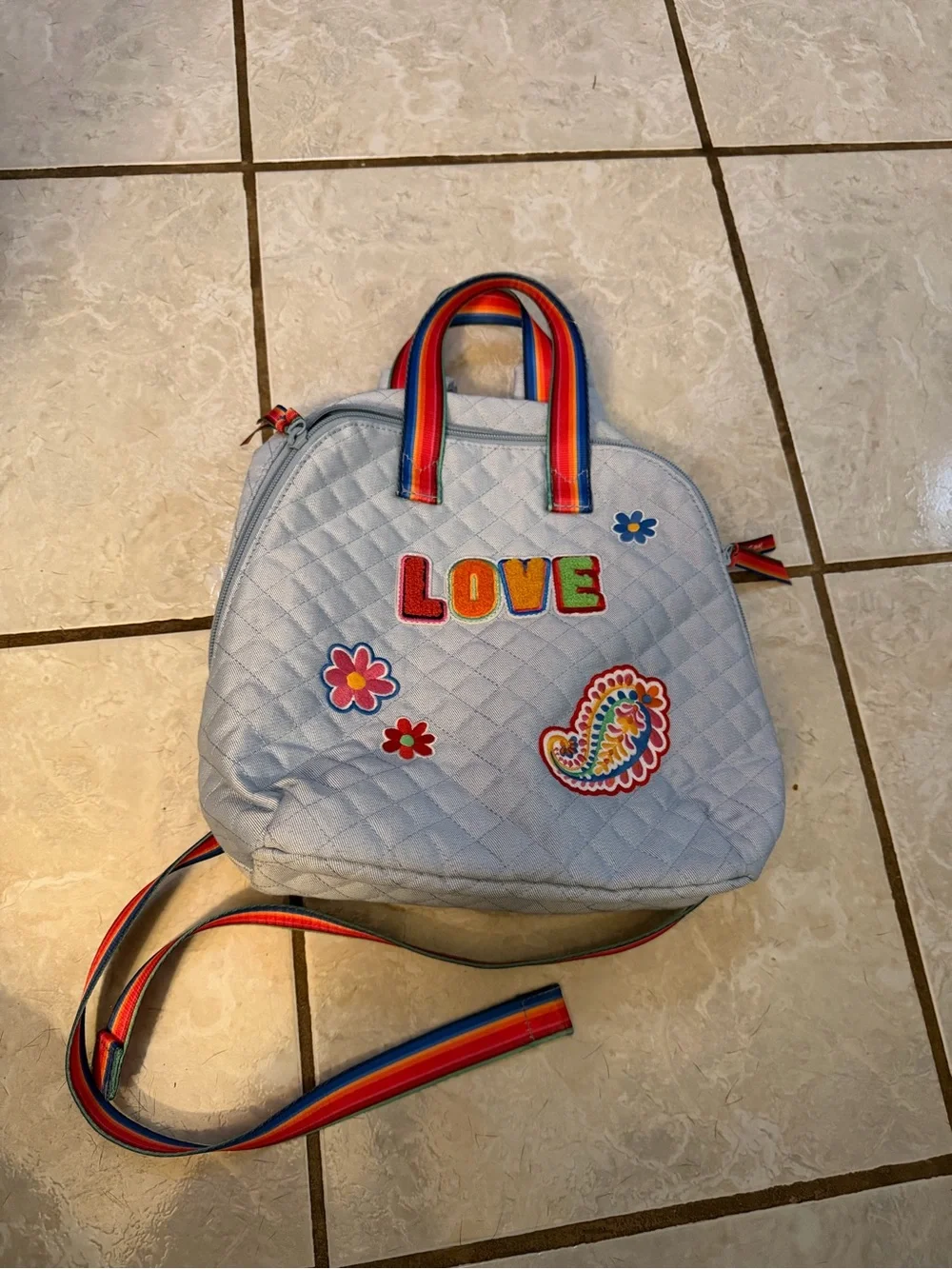 Vera Bradley Quilted Light Blue Backpack with Rainbow Straps and 'LOVE' Patches